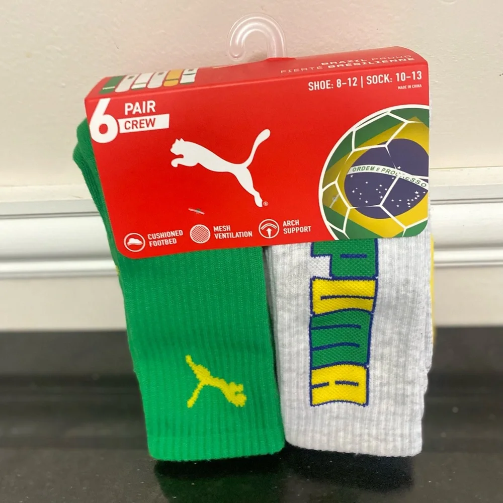 Puma Men’s Crew Socks – Green, White & Yellow (6 Pack)